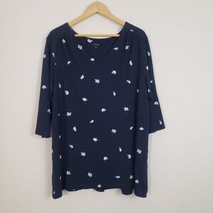J Jill Wearever Collection Top XL Navy Blue Floral Preppy Stretchy Comfy
